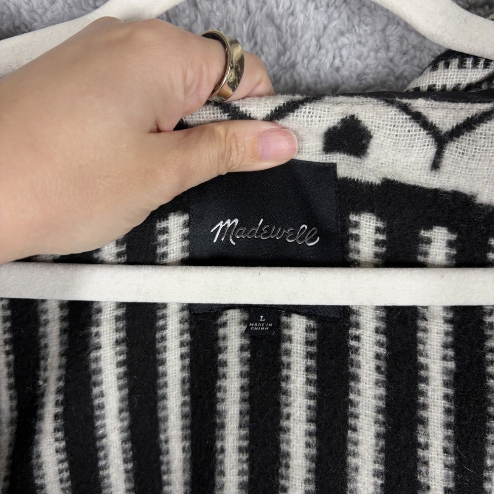 Madewell Hooded Poncho Blanket Jacket Sz L Black White Stripe Wool Blend Fringe - Picture 6 of 8